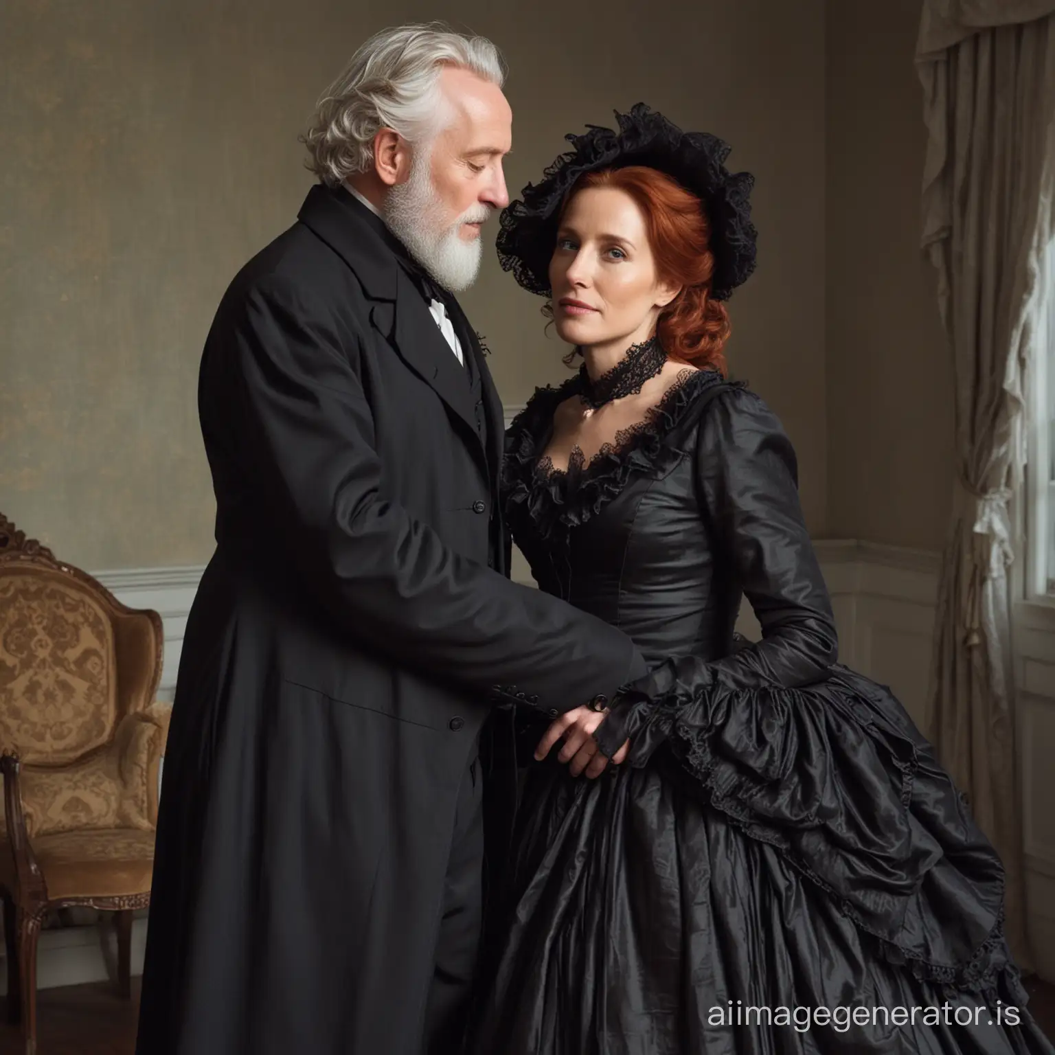 red hair Gillian Anderson wearing a dark brown floor-length loose billowing 1860 Victorian crinoline dress with a frilly bonnet kissing an old man dressed in a black Victorian suit who seems to be her newlywed husband