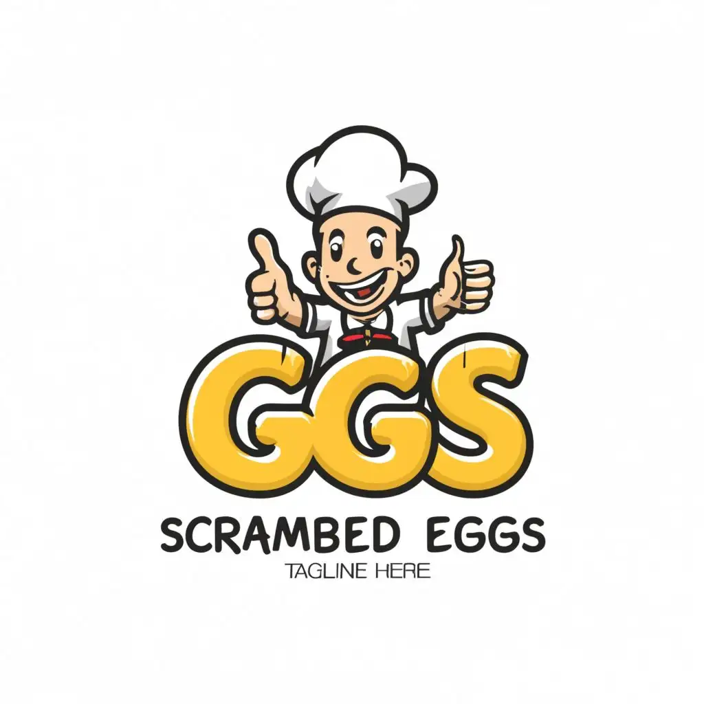 a logo design,with the text "GG s Scrambled Eggs", main symbol:A chef flipped a pan with eggs on it, while smiling and giving a thumbs up.,Moderate,clear background