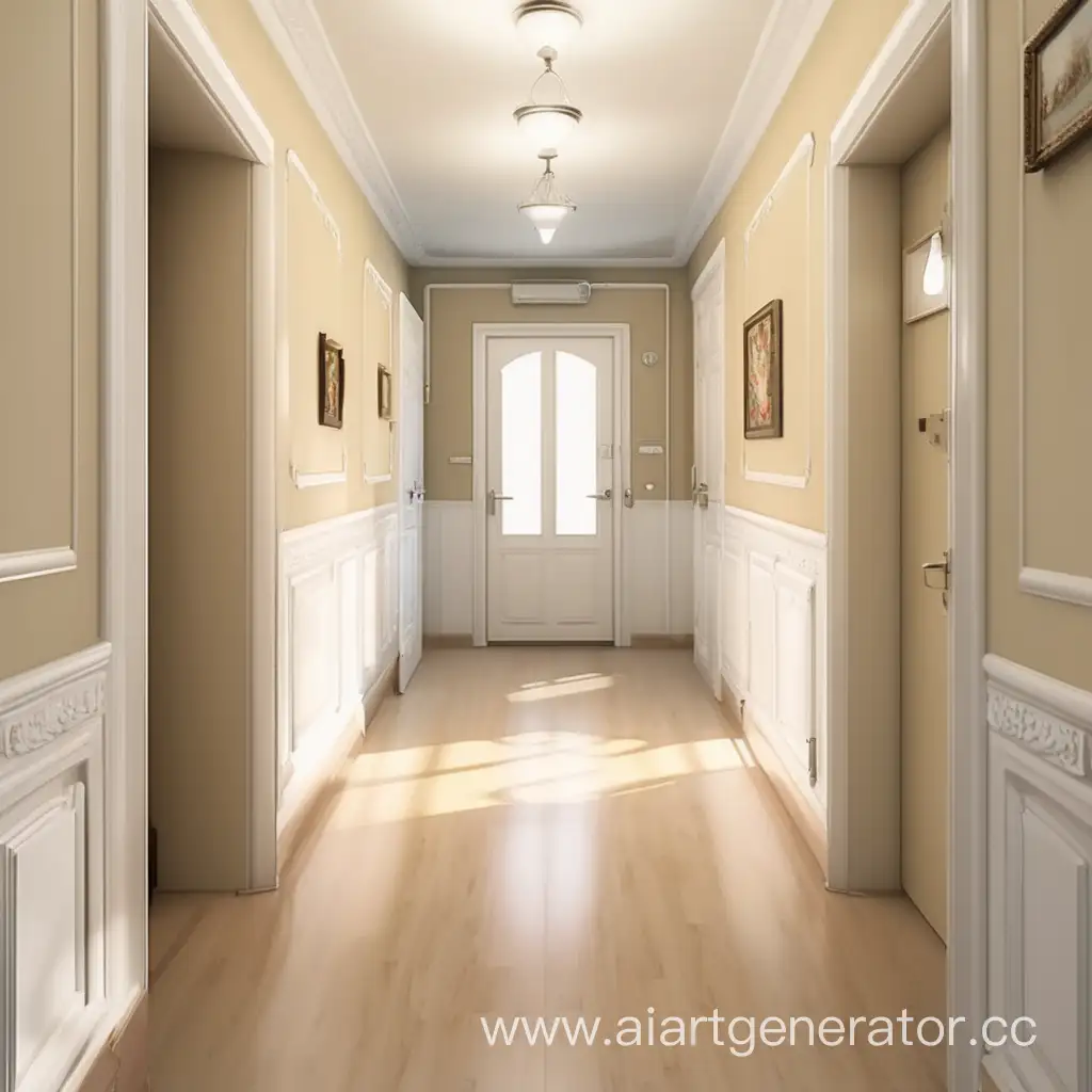 Spacious-Bright-Hallway-with-Elegant-White-Doors-Leading-to-Six-Rooms