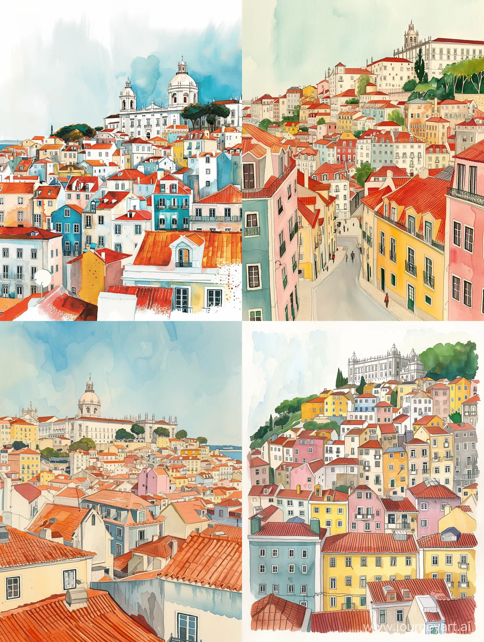 The city of Lisbon, an illustration for a vintage magazine with watercolor paints