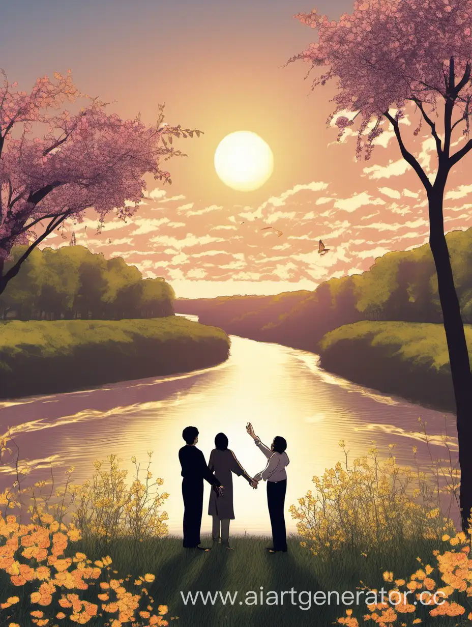 Два человека стоят напротив друг друга на разных берегах большой реки, лицом к лицу, протягивают навстречу руки, деревья, цветы, облака, солнце восходит 