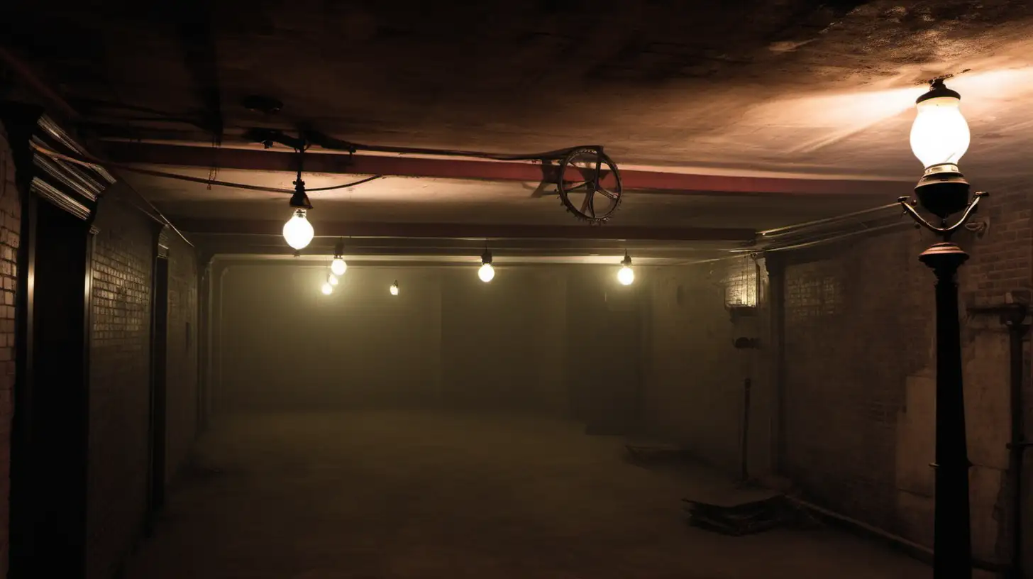 Mysterious Victorian Basement with Gas Lamps in Hazy Darkness