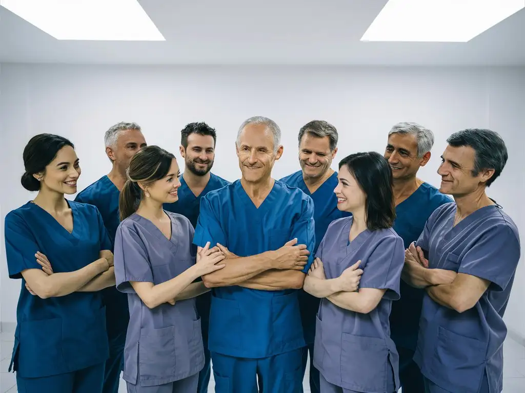 a group of two anesthesiologist men and women. White cbackground