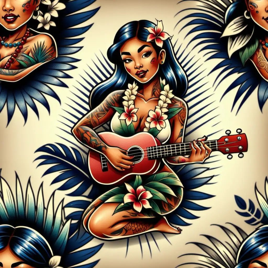 Traditional Hawaiian Girl Playing Ukulele Seamless Tattoo Pattern