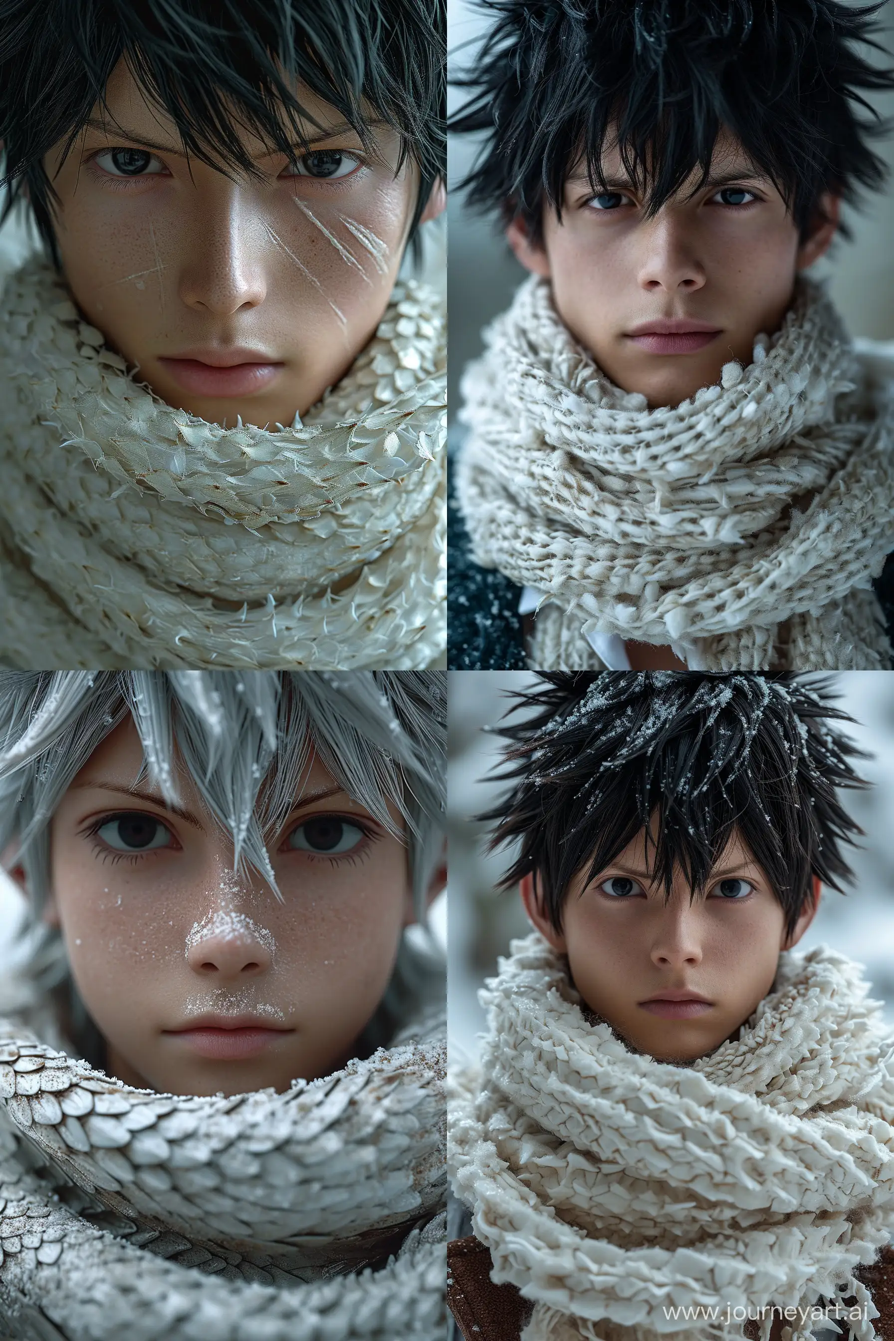 full growth, Hyperrealism, Fairy tail (Natsu), a male 19 years old, with black eyes, with a white scarf made of dragon scales photo, in the style photo, the middle angle, epic pose --ar 4:6  --s 750  --v 6
