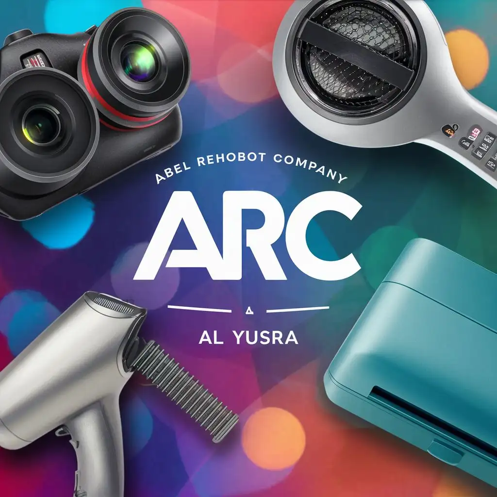 logo, HD CAMERAS, HAIR DRYER, HAIR TRIMMER,  DESKTOP and PRINTER. colourful, realistic and vivid image., with the text "ABEL REHOBOT COMPANY,   acronymn ARC , AL YUSRA ", typography, be used in Retail industry