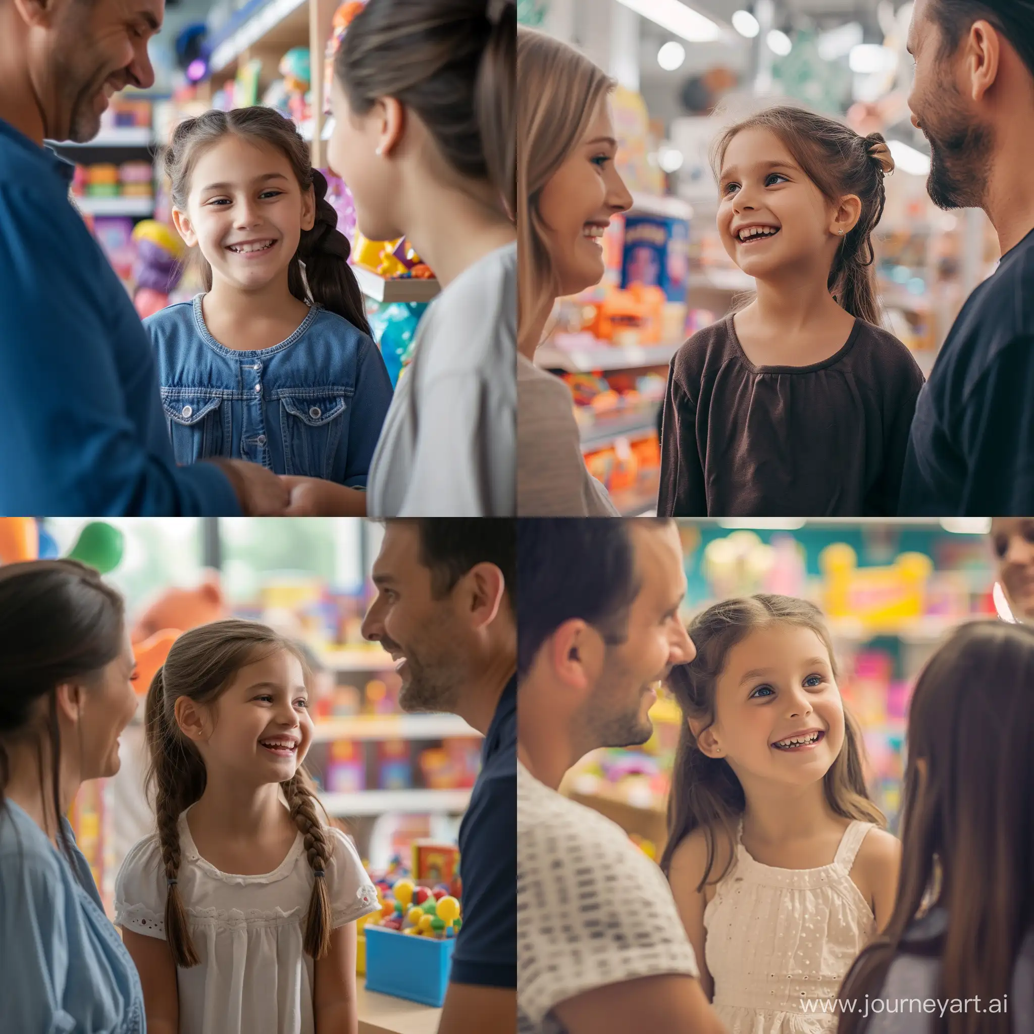 a cute 6 years old girl, going to a toy store with her mom and dad she smiles and is looking at her mom
