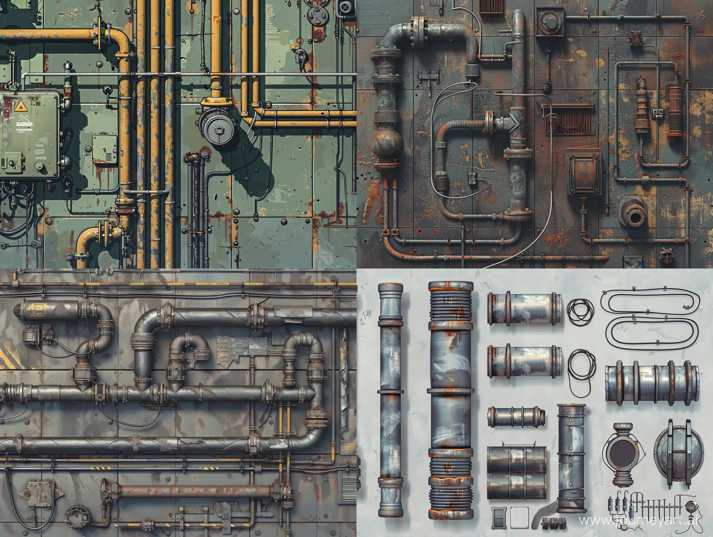a tile set of sprites for 2d platformer. side view. industrial thin pipes. steel parts, wires. A map of sprites. minimalism. post-apocalypse, brutalism. 8k. photorealism, unreal engine