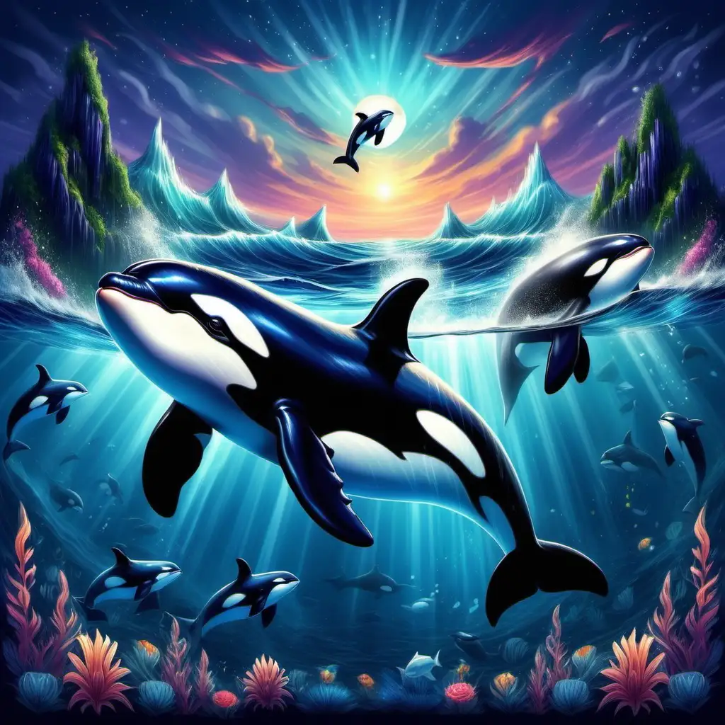 Design me an image with an Orca with a magical background, to be used for artwork printed onto canvas