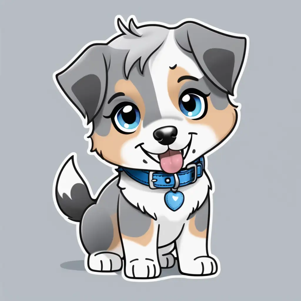 Create a CHIBI style 
 Mini Australian Sheppard  Happy  With tongue sticking out  Blue collar  Short hair  
