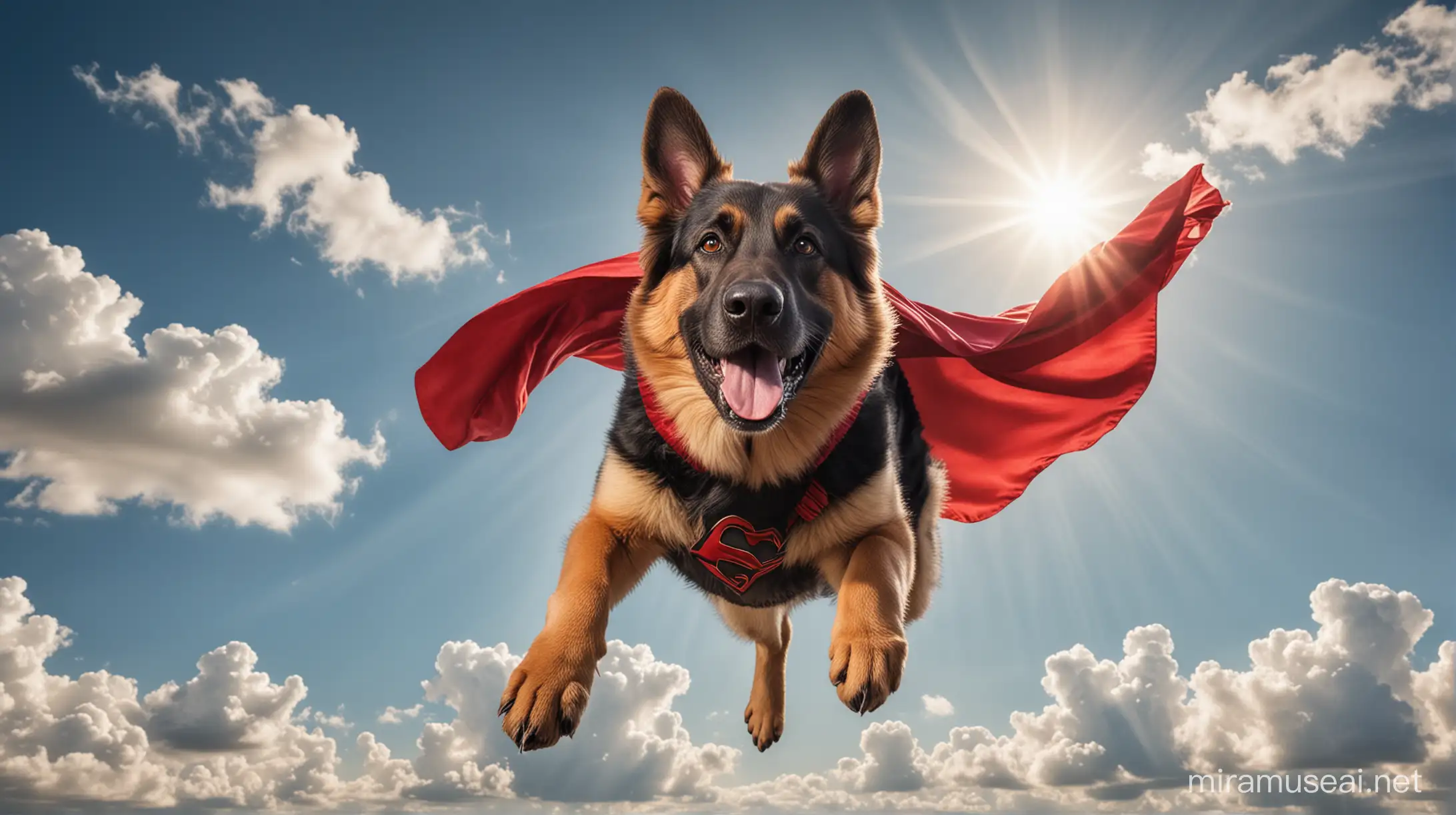 Perro de la raza pastor alemán, volando en un cielo azul con algunas nubes esponjosas, el perro no tiene alas pero sí posa como super héro con capa roja de superman, el sol incide perpendicular para hacer la imagen brillante. Tiene una expresión feliz e intrépida en su rostro, mira hacia el horizonte.