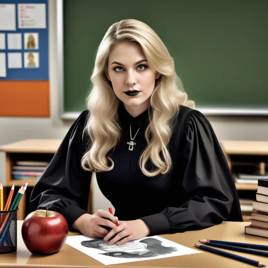 create a detailed and realistic image of a blonde woman with a witch-like ambiance in black professional clothing featuring a large mole on her cheek, sitting at a teacher's desk, featuring teacher-specific objects like an apple. viewing a paper with a pencil-drawn image.


