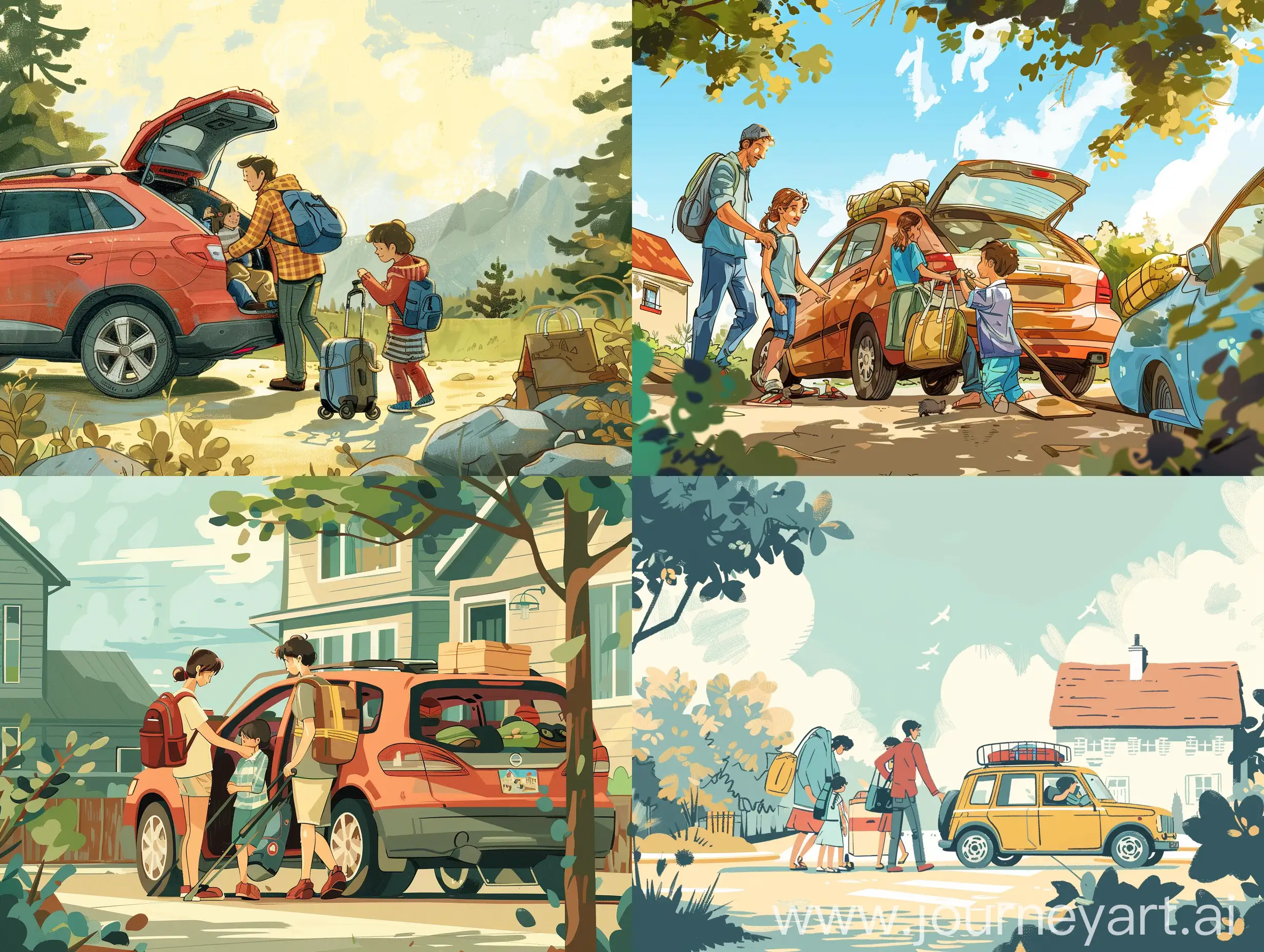 Start with a scene of a family loading up their car, capturing the anticipation and excitement of the journey ahead.