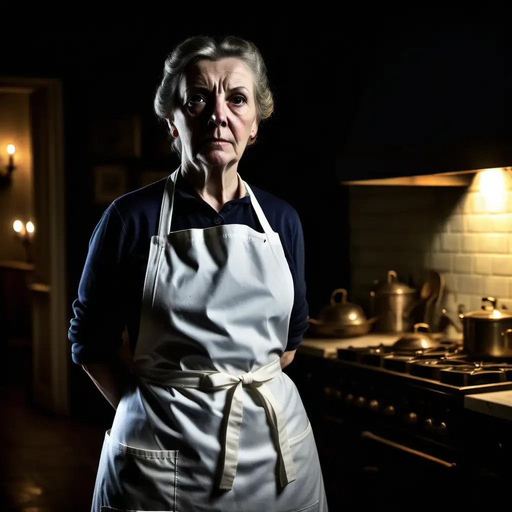 Mrs White cook white apron in dark kitchen in large manor house at night serious concerned waist up