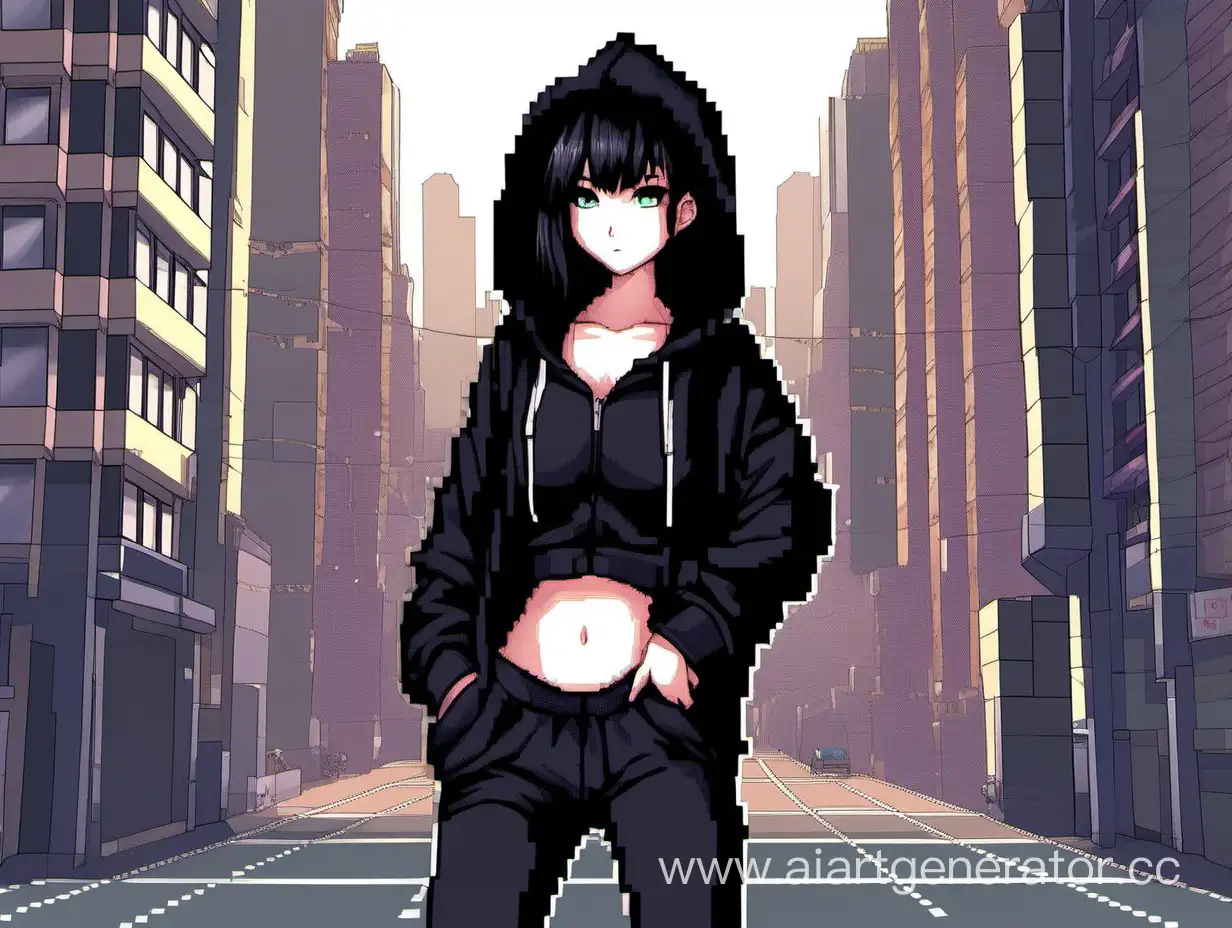 1 girl , horsetail hair , black hair , черное худи , открытый пупок , кеды , черные легинсы , pixel art , in city