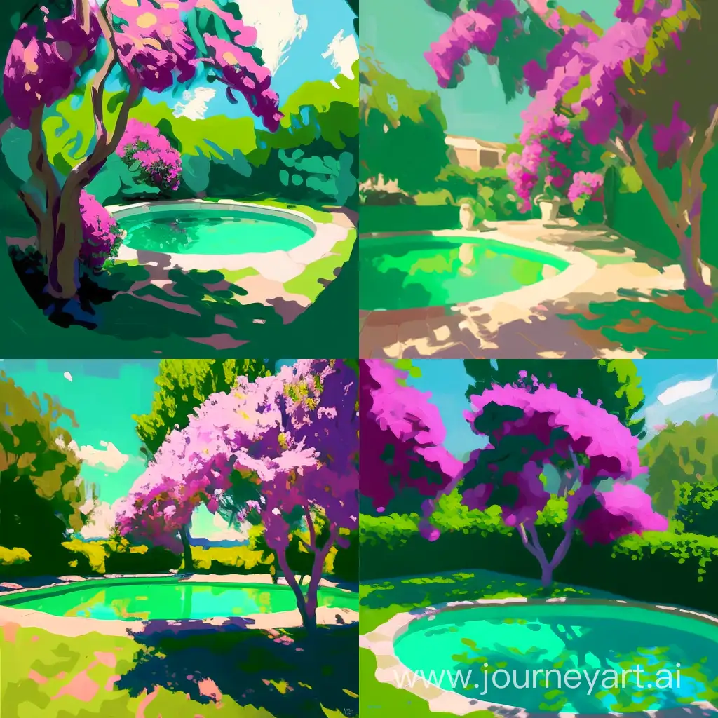  /imagine blob:https://discord.com/1c069906-3459-4084-976f-80e0fa61d60b laying by the pool of a sunny backyard with green grass and bougainvillea trees in the style of post-impressionism.