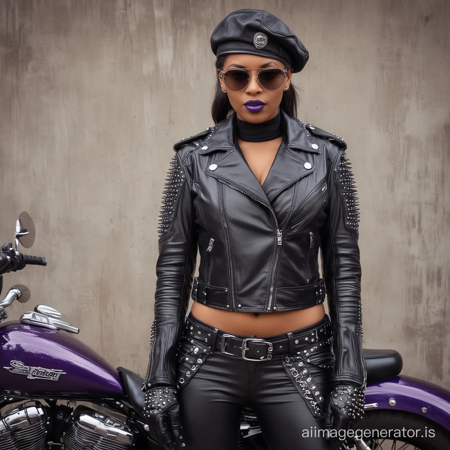 sadistic ebony biker woman purple lipstick, motorcycle jacket with spikes, leather chaps, leather masters cap, leather gloves and sunglasses, high heel boots, looking at camera