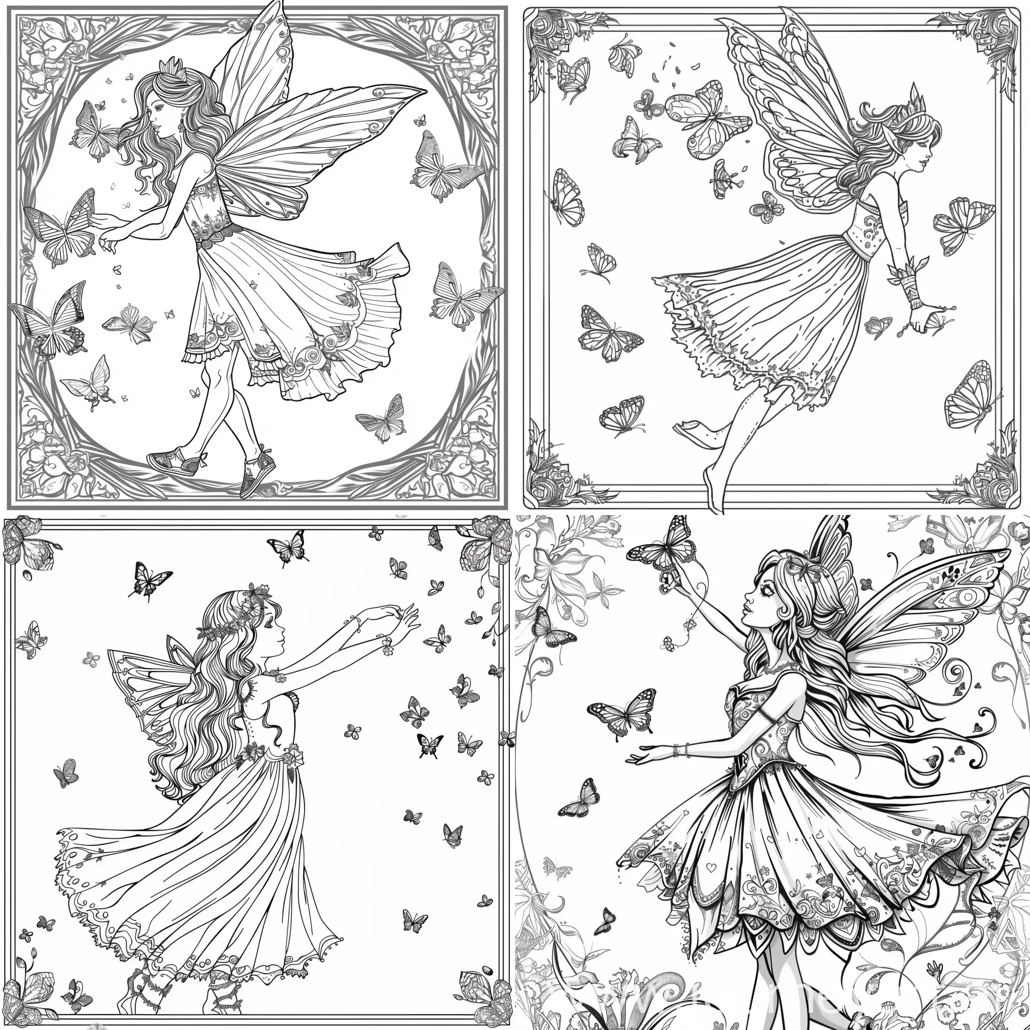 a coloring book page of a fairy with butterflies