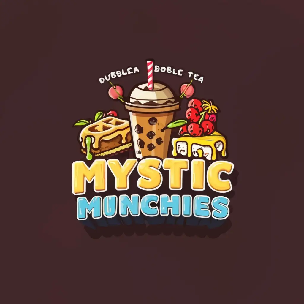 a logo design,with the text "Mystic Munchies", main symbol:Waffle, Bubble Tea & Cheese Cake,Moderate,be used in Restaurant industry,clear background