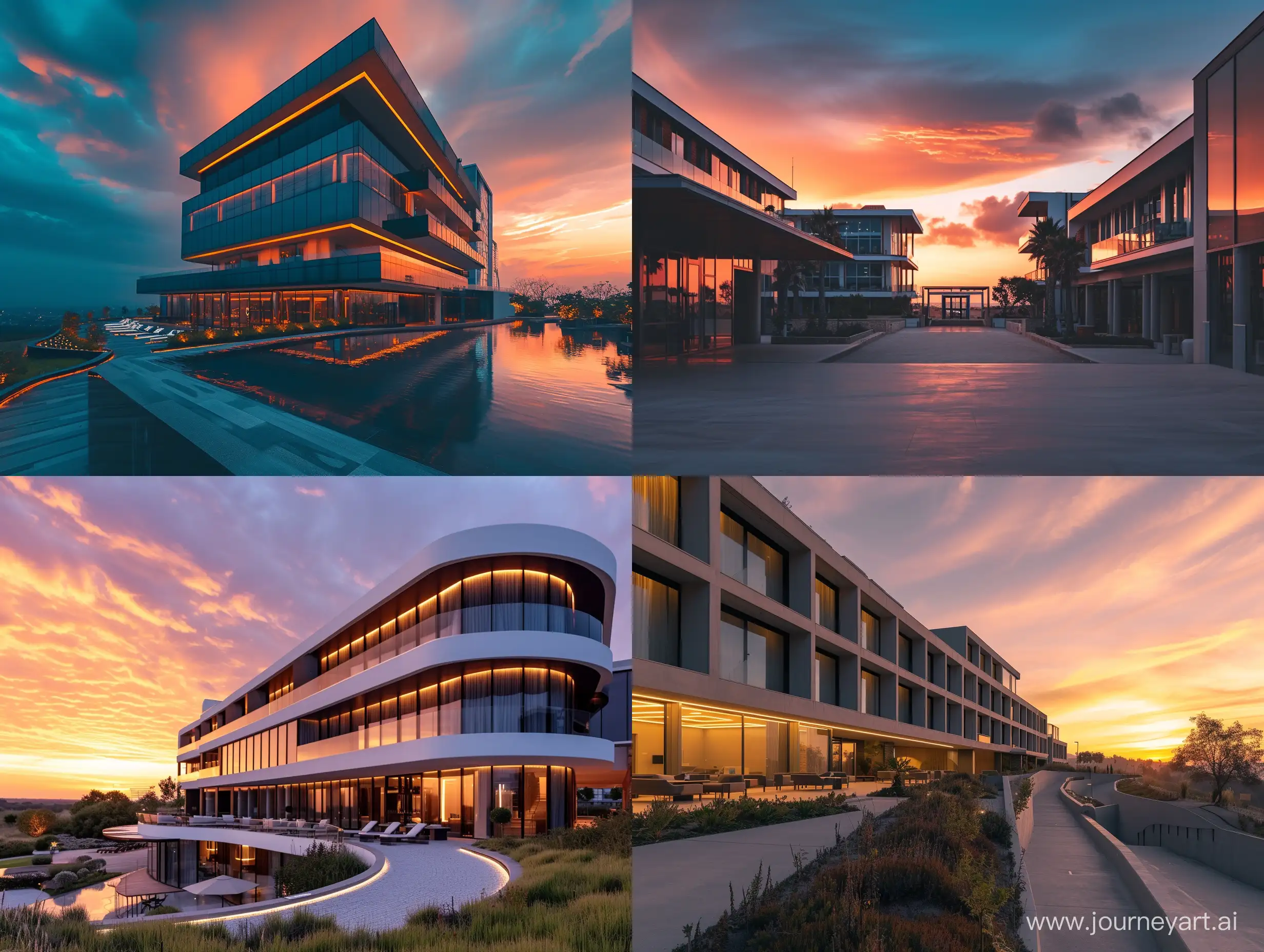 A cinematic photo of a modern hotel at sunset