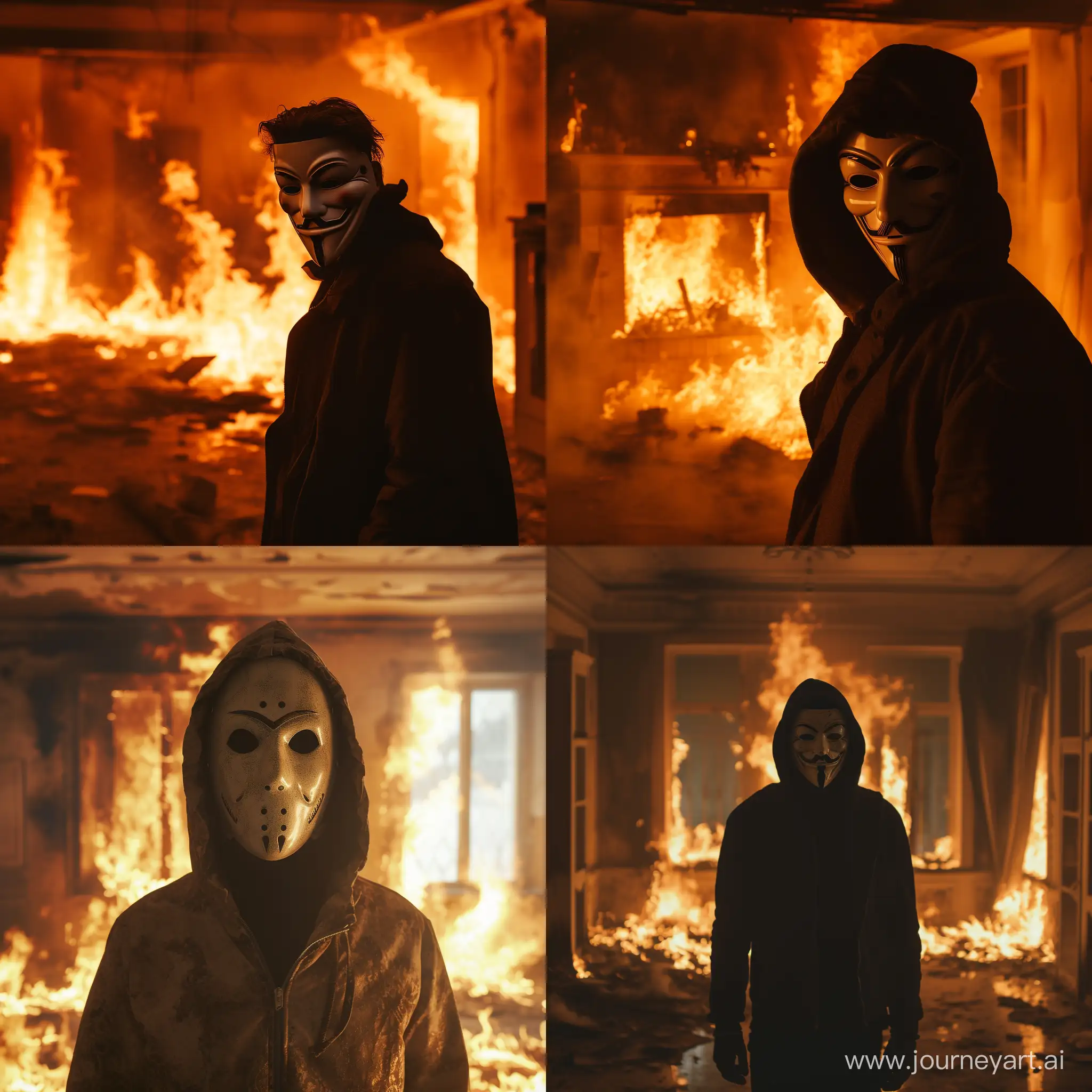 a man in an anonymous mask on the background of a burning room