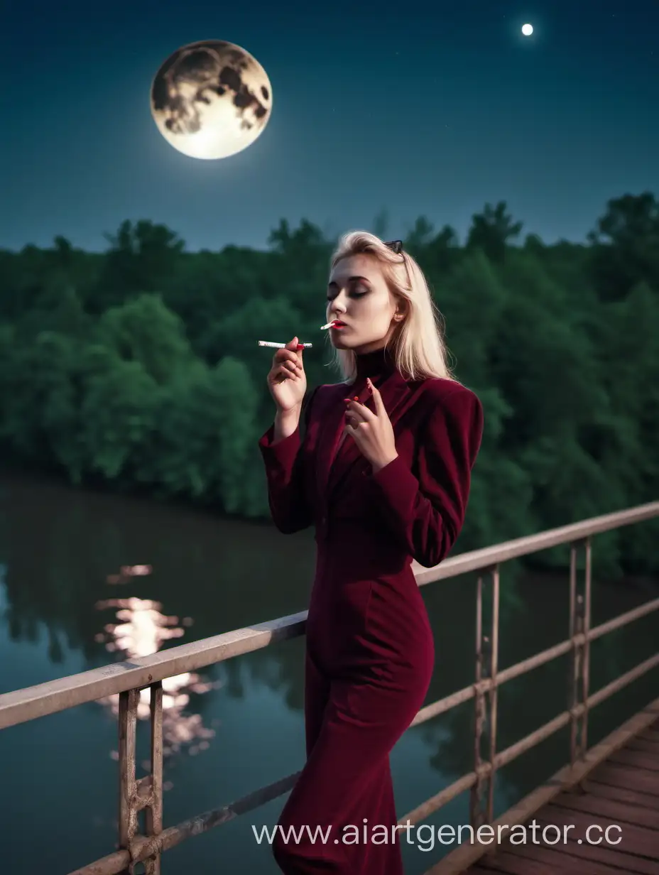 Enigmatic-Blonde-in-Burgundy-Costume-Contemplates-Moonlit-River-Scene