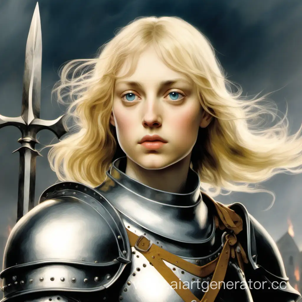 Joan of Arc with almost blonde hair and gray eyes