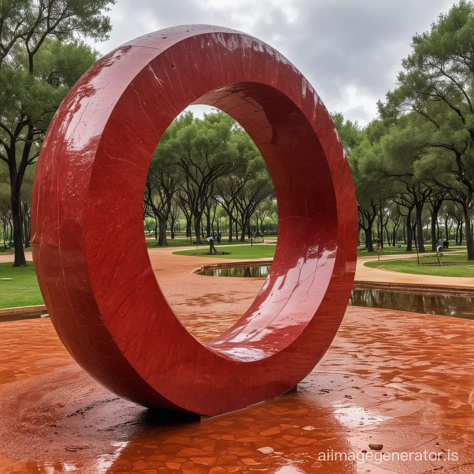 Sunrise-Reflections-Shiny-Red-Stone-Oval-Sculpture-in-Spanish-Park