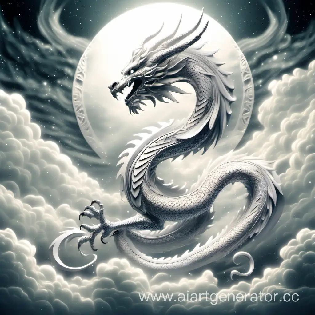 Белый металлический дракон, парящий в облаках. Знак зодиака близнецы и стихия металла Ян.