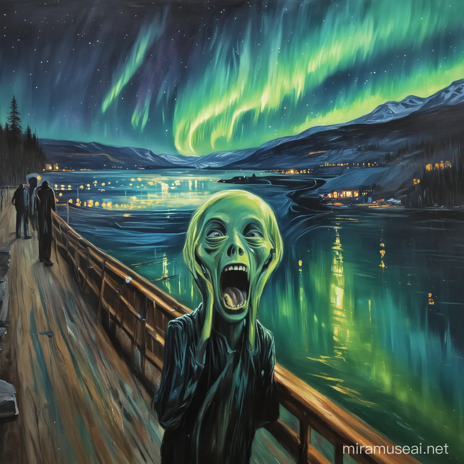 the scream painting with the northern lights in the background and the face smiling