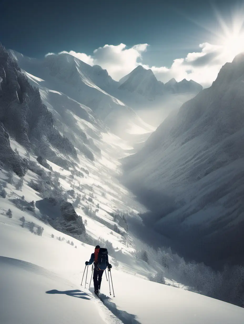 un skieur de randonnée 
solitaire avec un sac à dos avançant dans une vallée enneigée, entouré de montagnes escarpées et rocheuses. Le ciel est teinté d’une lumière douce, créant une atmosphère paisible mais audacieuse