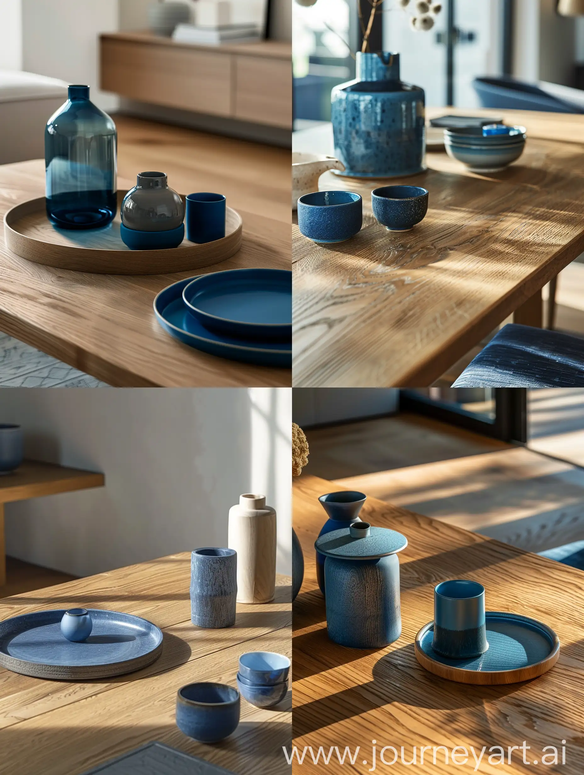 dettaglio di un  tavolo del soggiorno rovere  con accessori blu. Stile moderno. luce del mattino calda