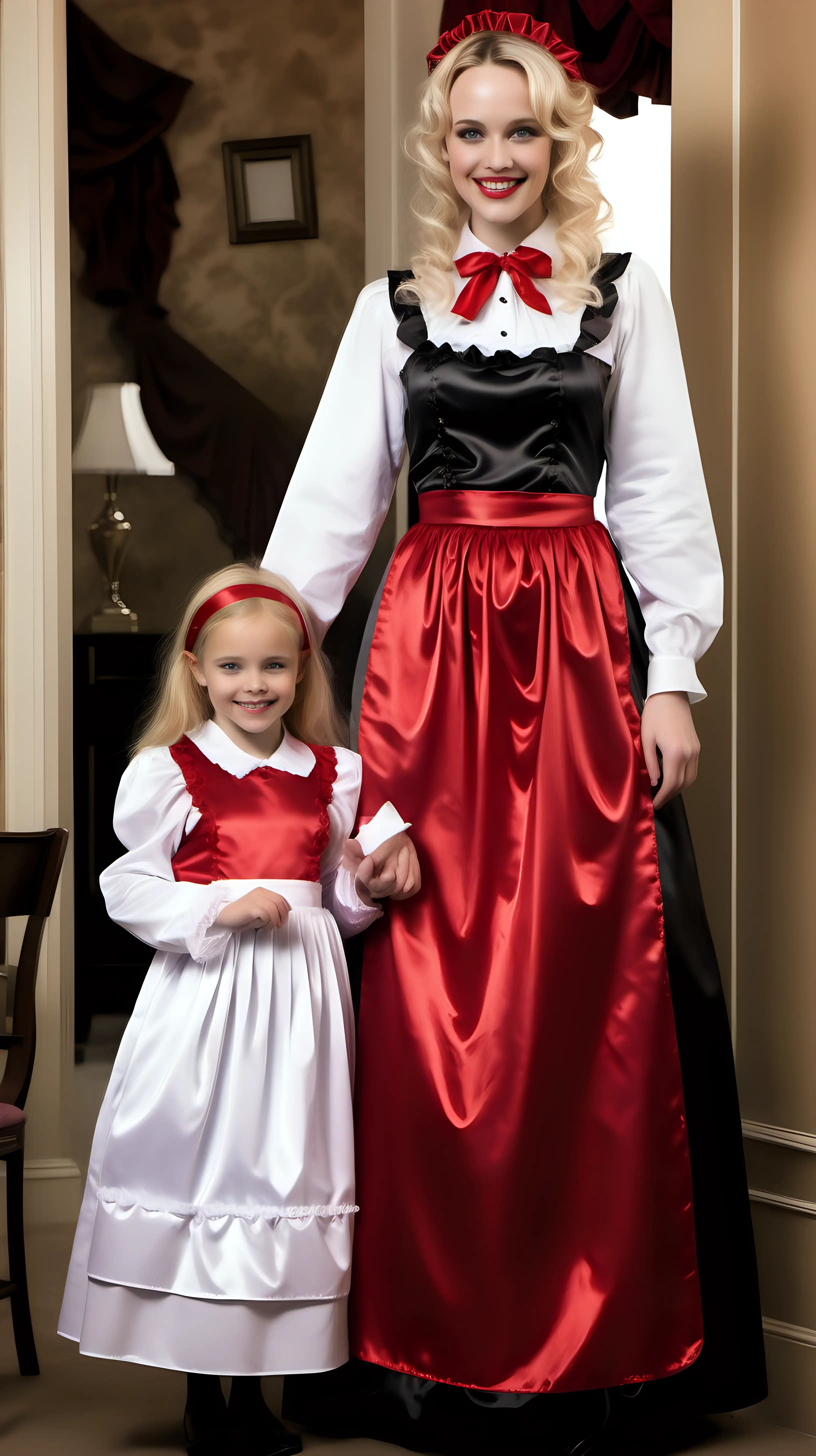 girls in long crystal silk satin red black,lila retro victorian maid gown with white apron and peter pan colar and long sleeves costume and milf mothers long blonde and red hair,black hair rachel macadams  smile in big house