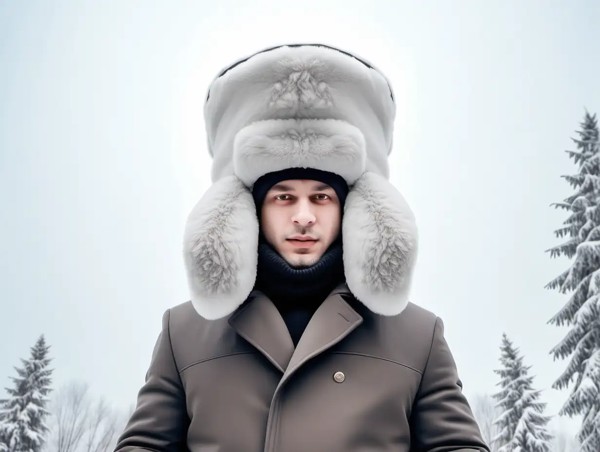 огромная высокая шапка ушанка на голове человека возвышается на 2 метра высоту , фотосессия в белых тонах , зима супер огромная шапка ушанка