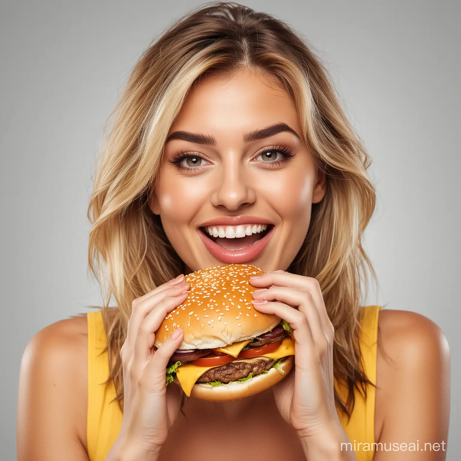 A beaultiful happy woman eating a juicy cheeseburger on a transparent background
