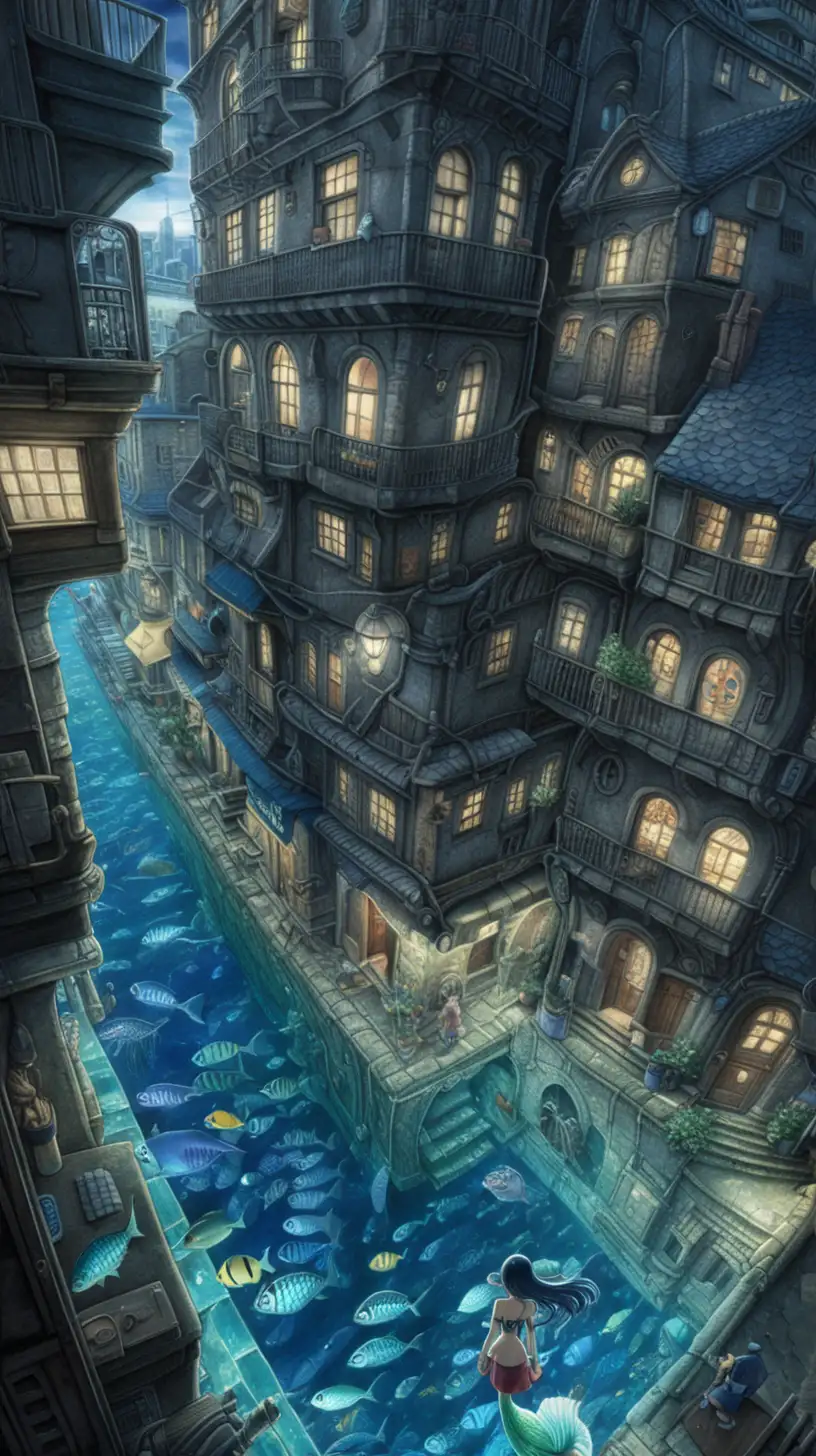 Studio Ghibli, ugly art, biomechanical, dark fantasy,  super-resolution, microscopy, sapphires, city, slides, mermaid in apartment
