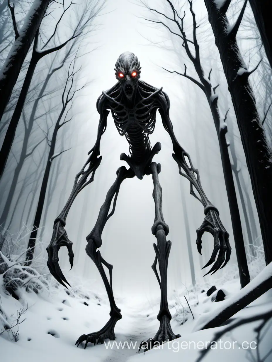 A tall, gray-skinned humanoid in the distance squats on the ground in a night winter forest. Its arms are excessively long, and its fingers end in crooked claws. The humanoid is digging up the ground with its claws, and its eyes like black holes. The forest is dark and eerie. The trees are tall and thin, with branches that reach up to the sky like grasping claws. The ground is covered in a thick layer of snow, and the air is cold and biting. The humanoid's movements are slow and deliberate. It digs up the ground with its claws, and it seems to be searching for something. Its eyes are fixed on the ground, and its expression is one of intense concentration. You watch the humanoid for a moment, and you feel a sense of unease. There is something about its appearance and its behavior that is unsettling. You feel like you should run away, but you can't move. You are frozen in place, and you can only watch as the humanoid continues to dig