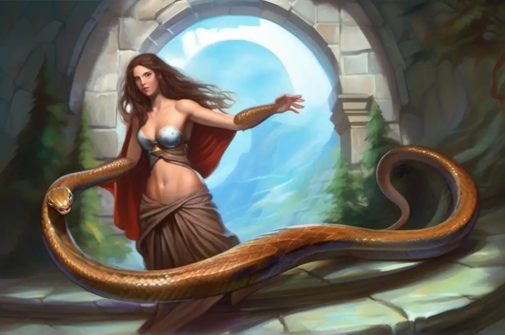 marilith, full body, four arms, brown hair, snake tail, round portal, Medieval fantasy painting, MTG art
