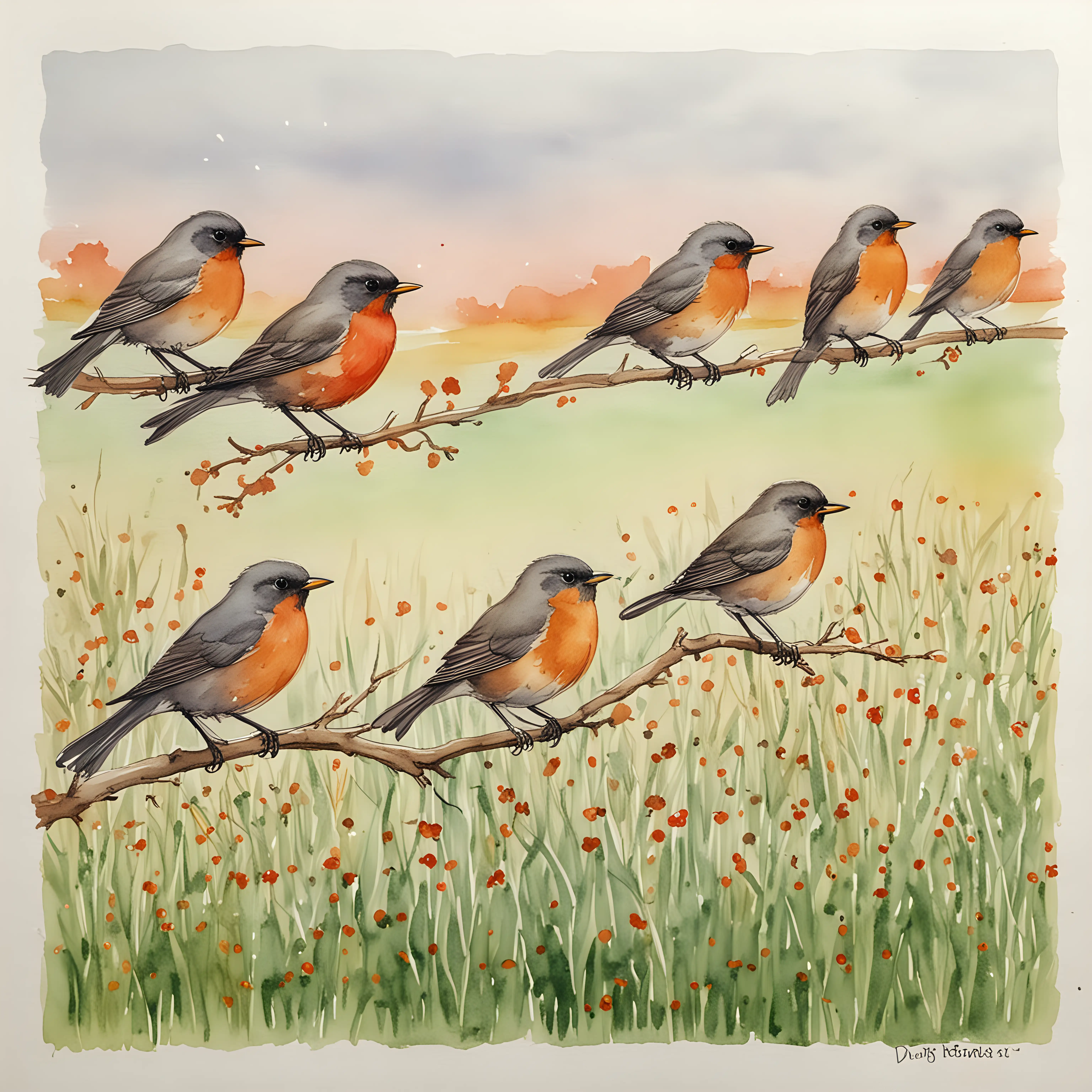 simple colored watercolor sketch of a field of robins
