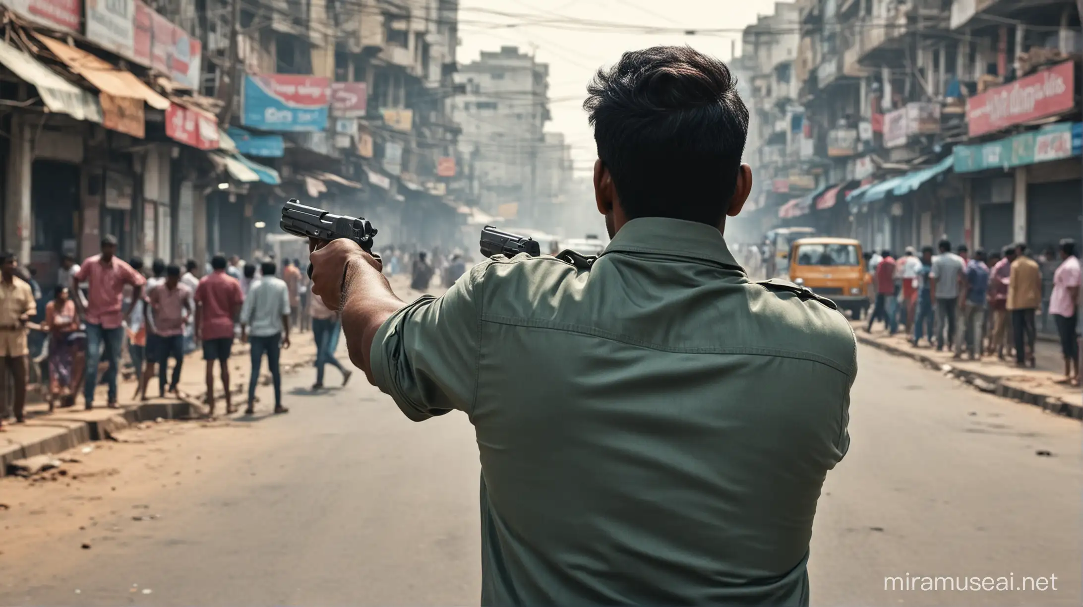 indian man firing from gun in busy road of india, shot from behind, hyper detailed