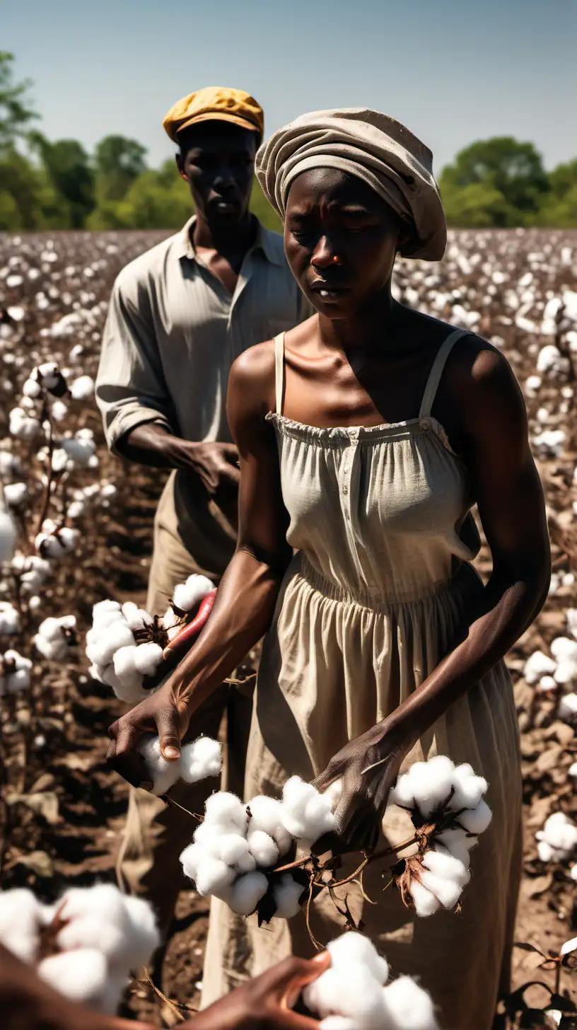Black men and women slaves picking cotton in field in bright sun and extreme heat