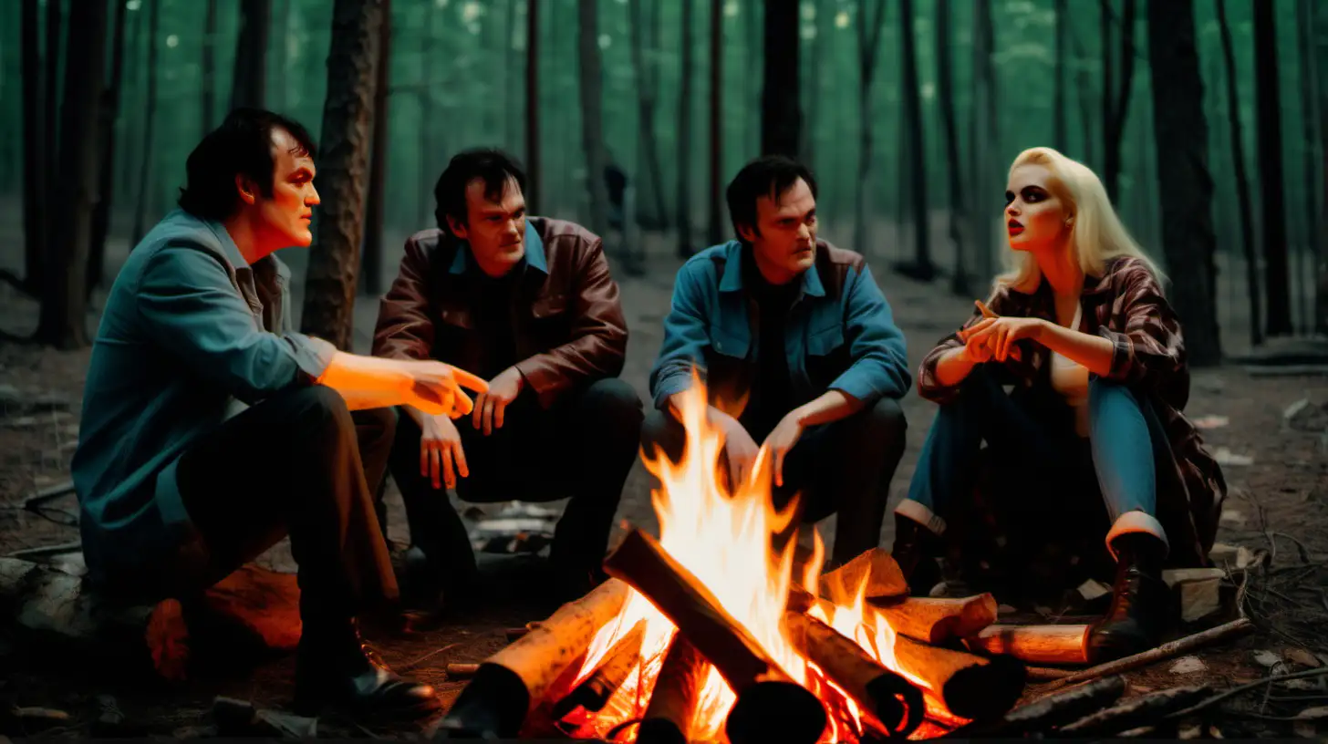 Three men and one women sit in the forest around campfire. Like Quentin Tarantino movies style.
