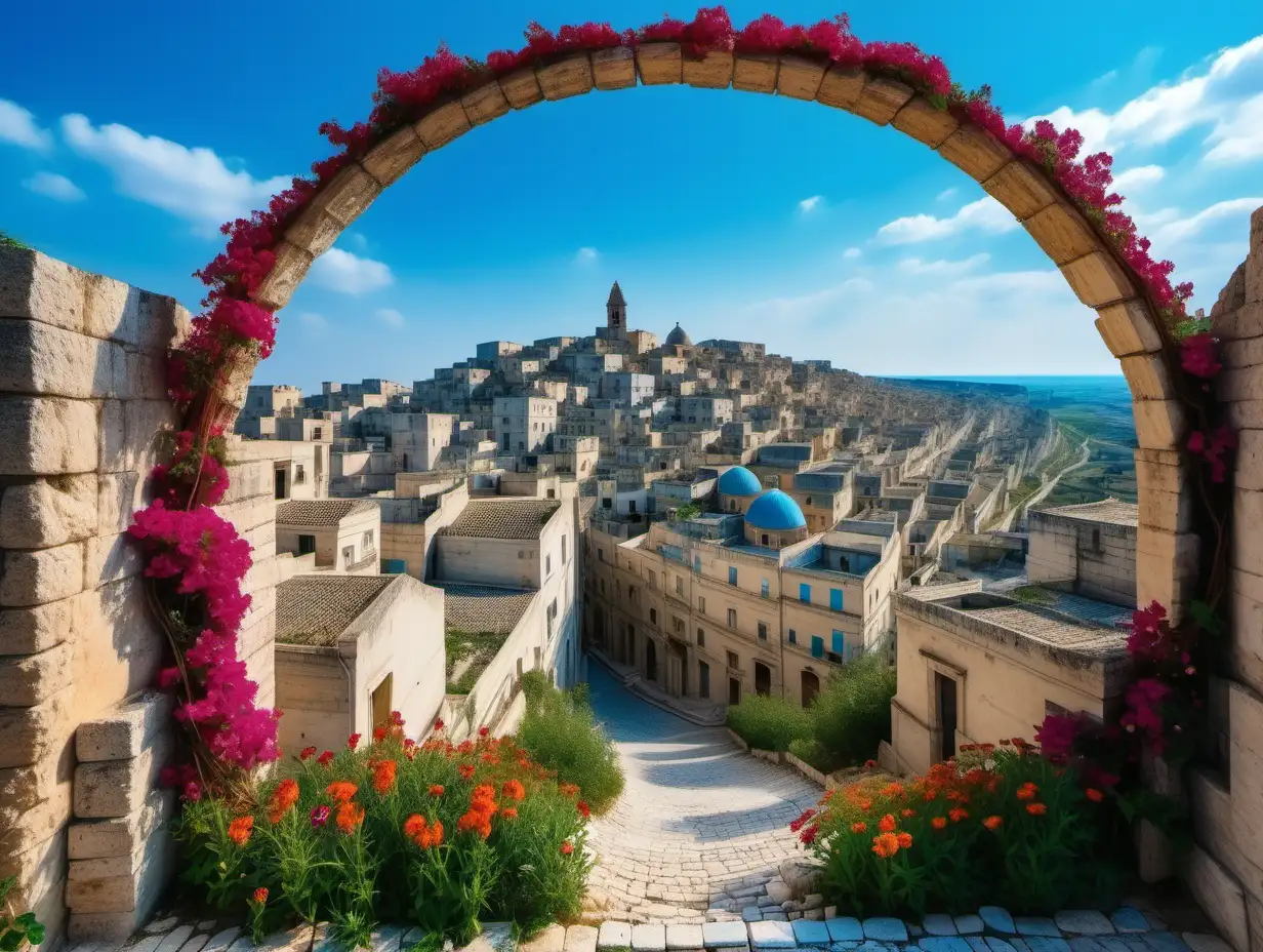 Vibrant Matera Stone Frame with Azure Sky and Blossoms