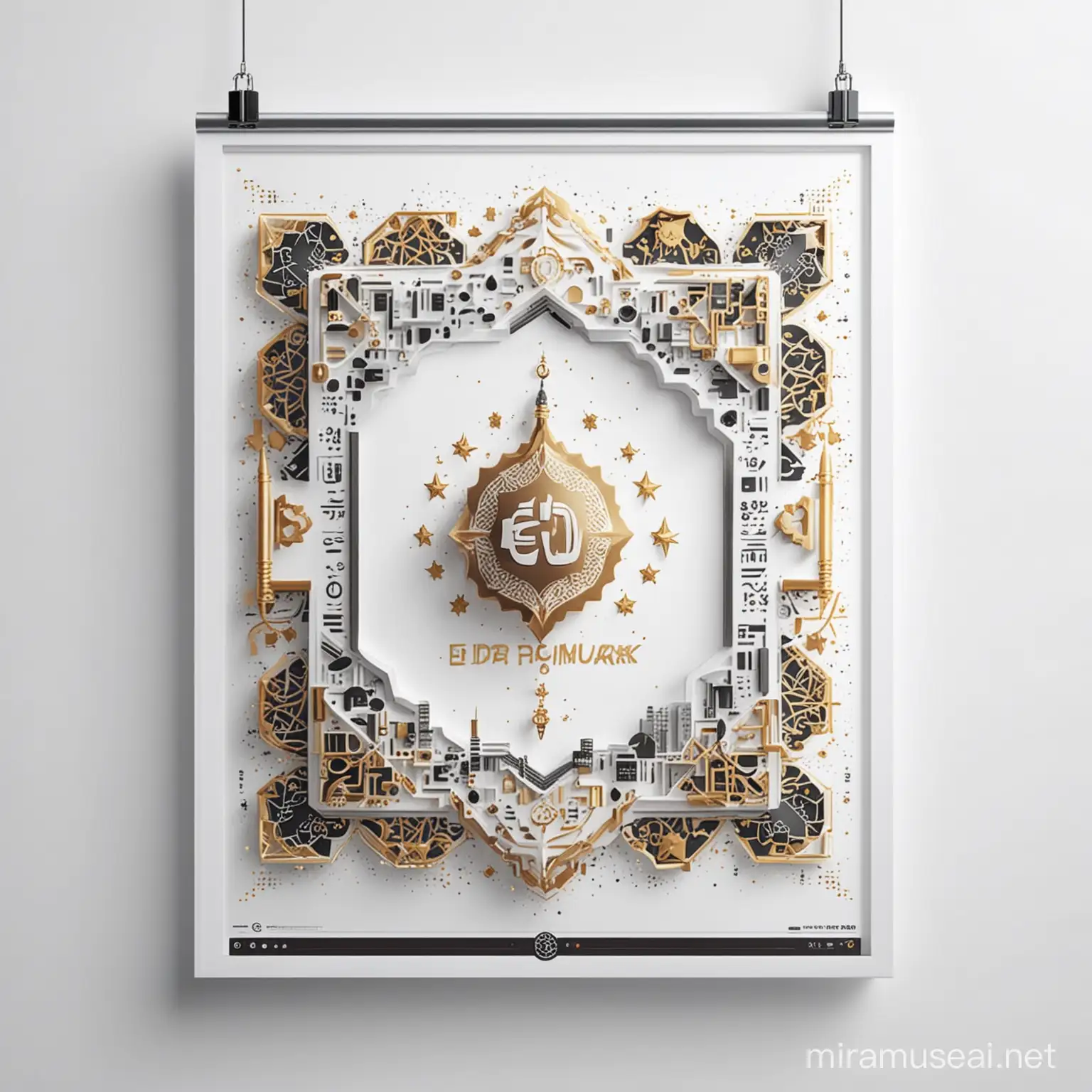 Generate an eid-mubarak poster with technology theme on a white background

