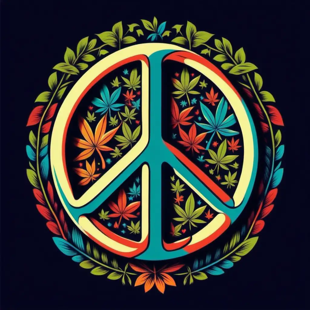 Design peace sign ,tshirt vector with bold, contrasting  groovy 
vintage retro colors, 
white background, add a weed leaf