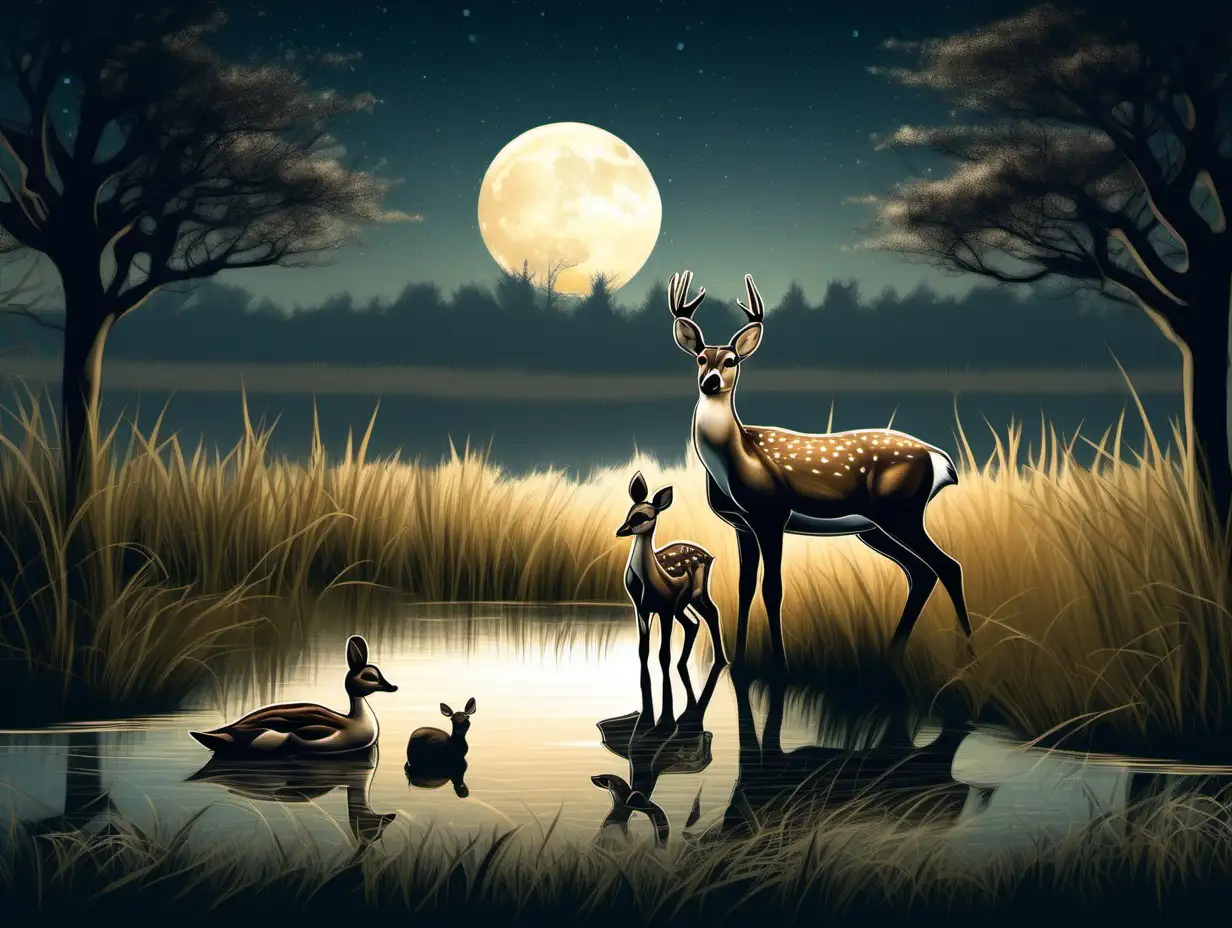 illustration Northern Pintail Duck and buck male deer standing close to baby deer that is lying on the grass next to a large pond.  semi dark sky no moon