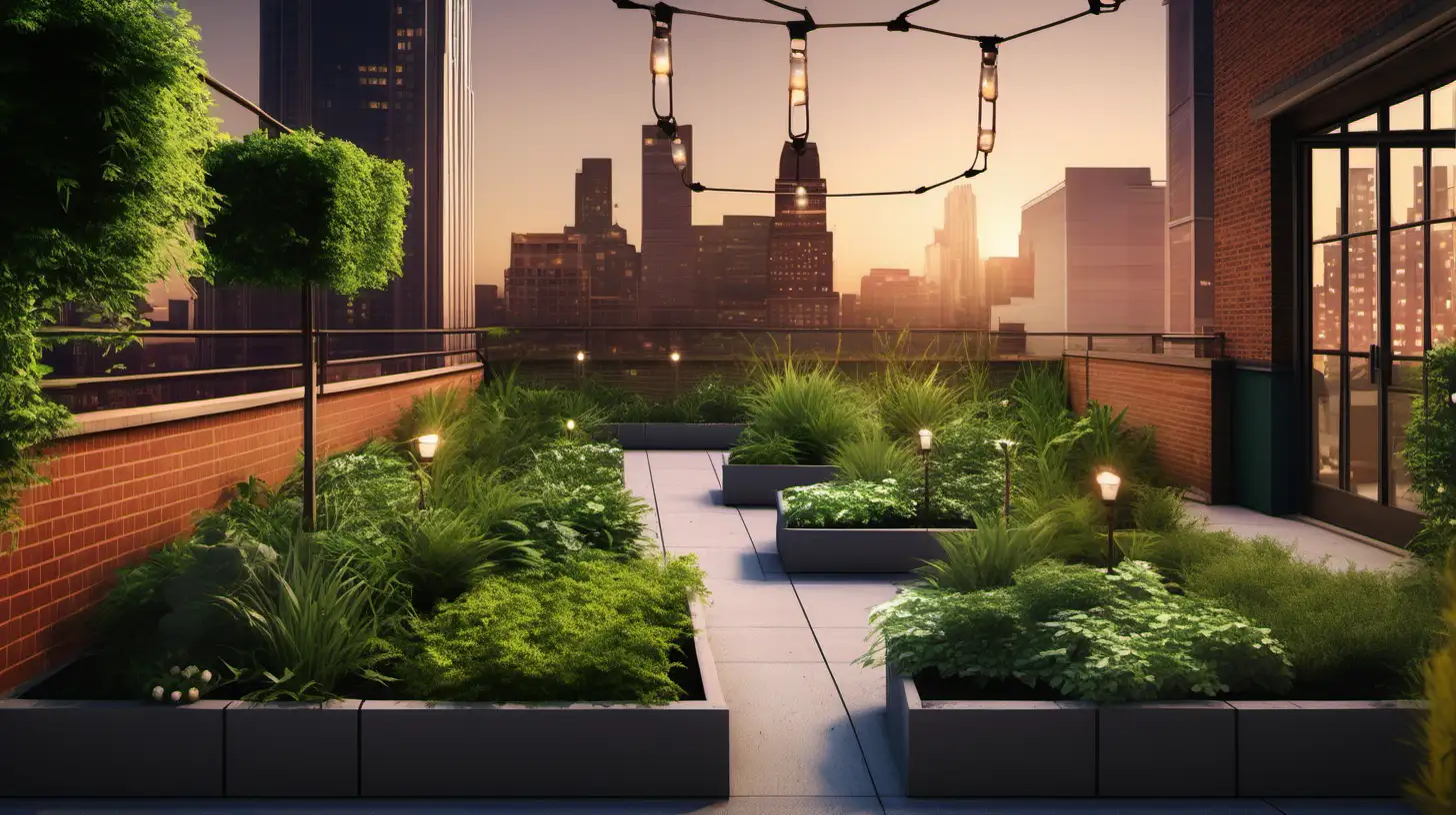 City Rooftop Garden at Evening Serene Urban Oasis with Warm Ambiance
