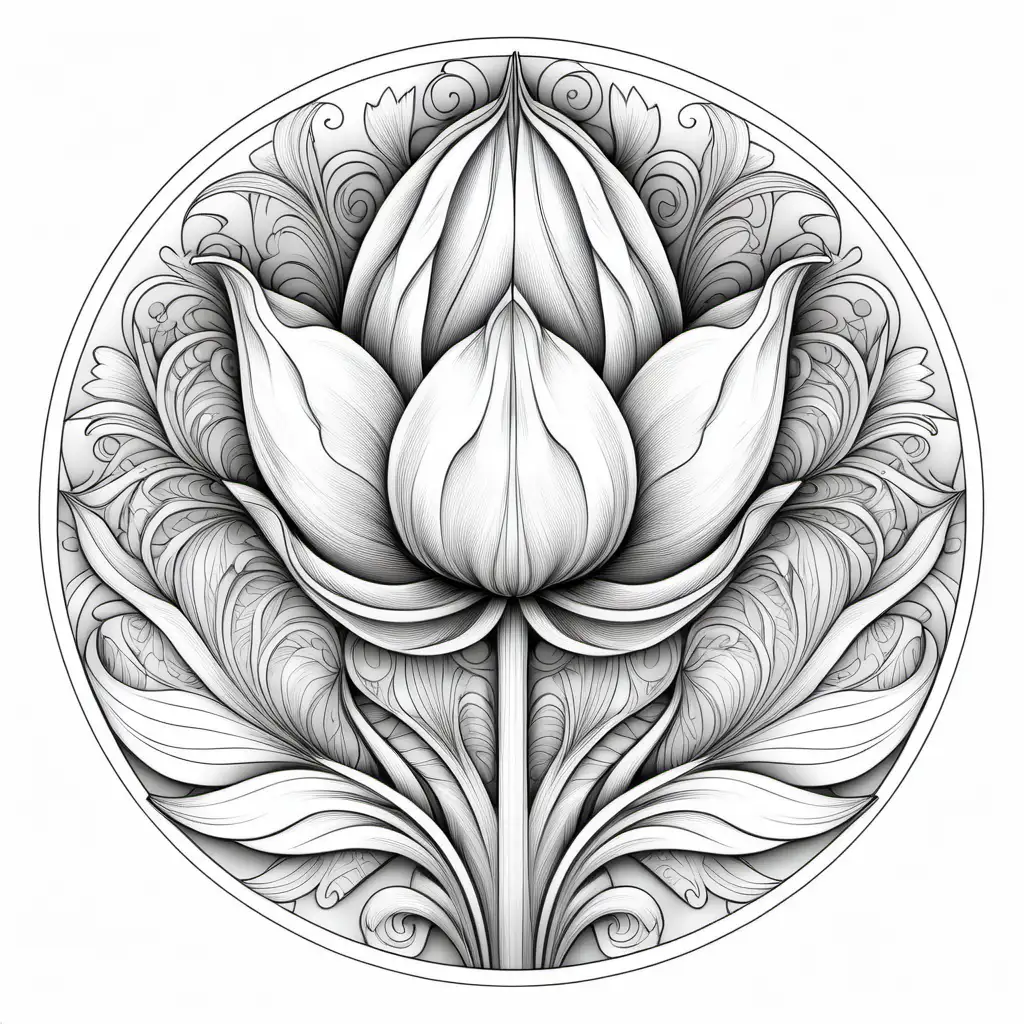 black and white coloring page with white background, whole tulip flower from stem, to leaves, to petals, the mendala artistry is drawn inside the tulip flower's leaves and petals, very intricate mendala designs within the petals and leaves that has enough space for someone to color inside of the design, color this image with a hugh of colors like pach fuzz pantone 13, berry and complimentary colors