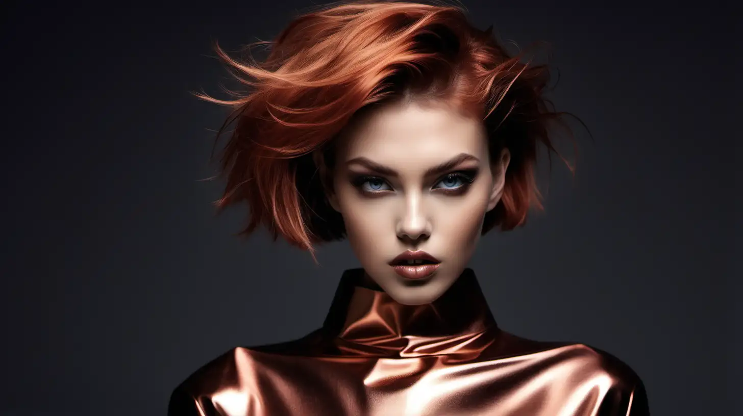 AvantGarde Fashion Model with Copper Hair in Architectural Setting