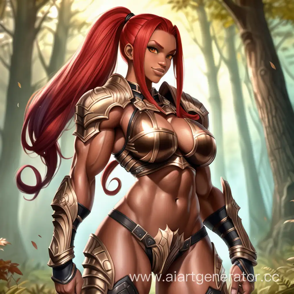 Fantasy Forest, 1 Person, Women, Human, Scarlet Red Hair, Long hair, Ponytail Hair style, Dark Brown Skin, Golden Full Body Armor,  Chocer,  Black Liptsick, Serious smile, Big Breasts, Brown eyes, Sharp Eyes, Flexing Muscles, Big Muscular Arms, Big Muscular Legs, Well-toned body, Muscular body, 